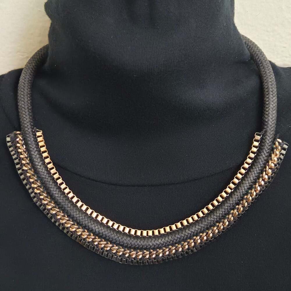 Chunky Black Braided Cord Collar Necklace with Metal Chain Zipper Accents - Picture 5 of 7